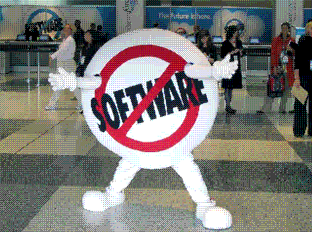 Anti-Software mascot in white with the word Software and a red ring and a slash through it.
